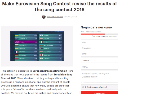 Интернет-пользователи подписывают петицию об отмене результатов «Евровидения»