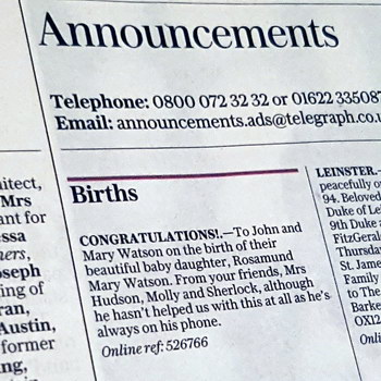 The Telegraph поздравила Джона и Мэри Ватсон с рождением дочери